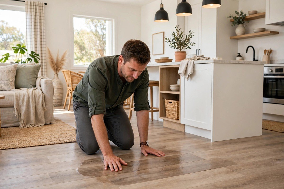Airbnb host checking a rental floor for damp spots that signal a slab leak
