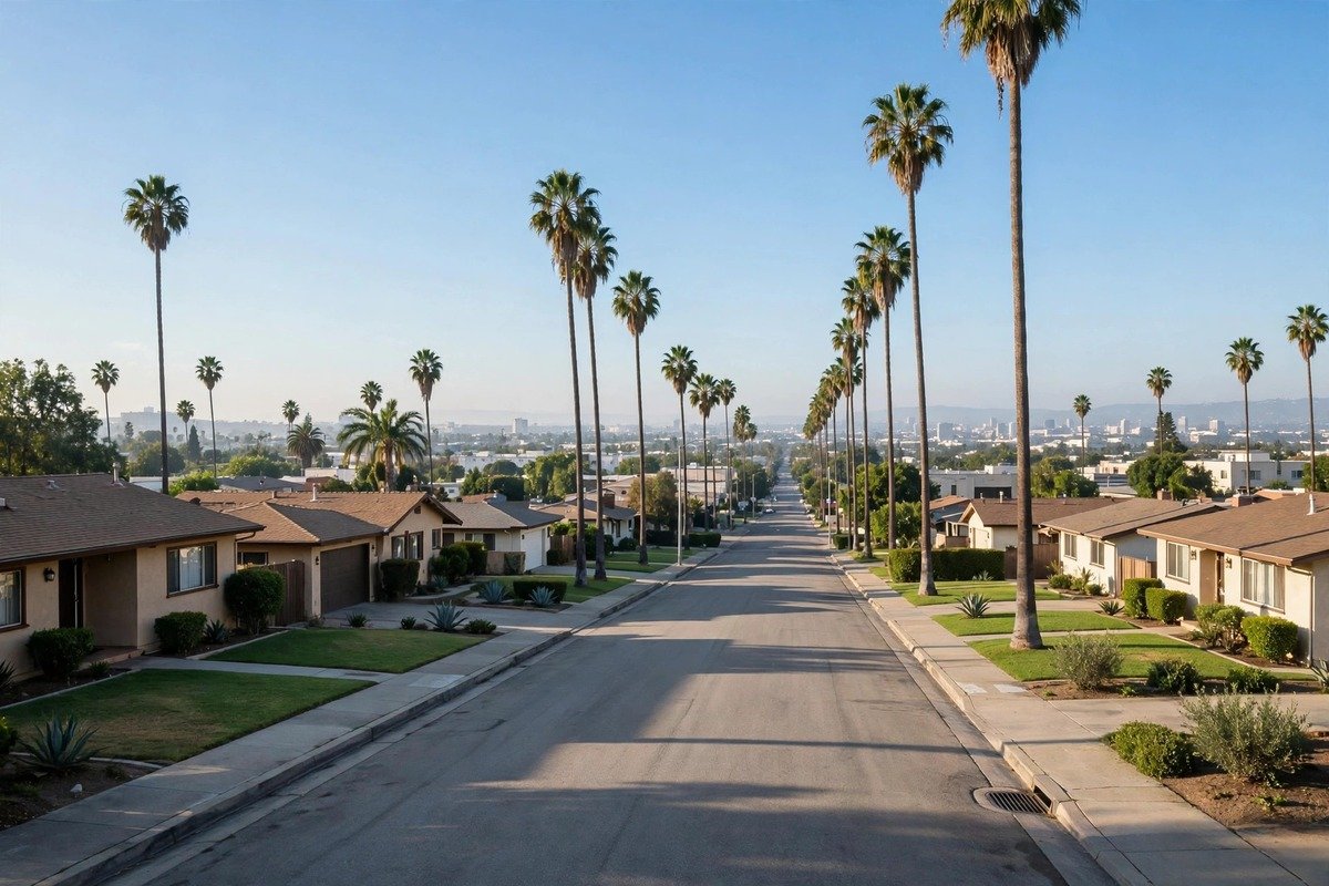 Skyline and neighborhoods of Bellflower, California