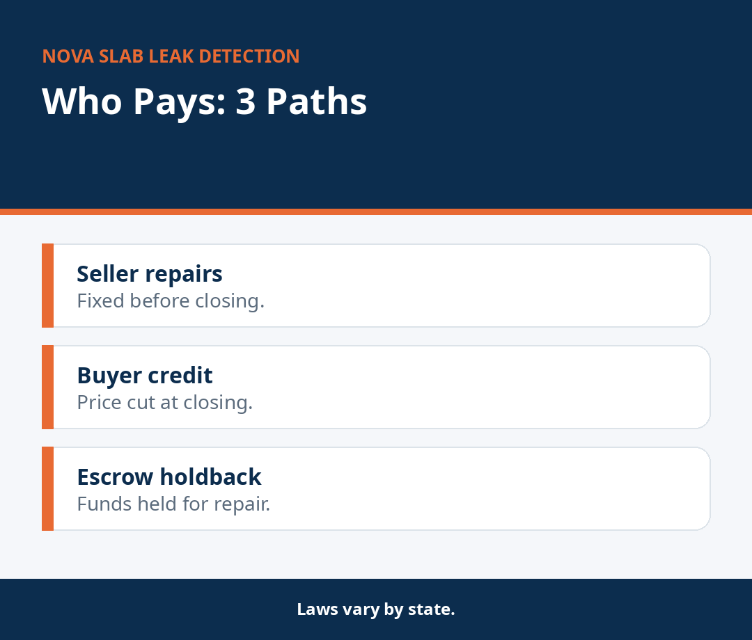 Flowchart showing buyer and seller negotiation paths when a slab leak is found during a home sale