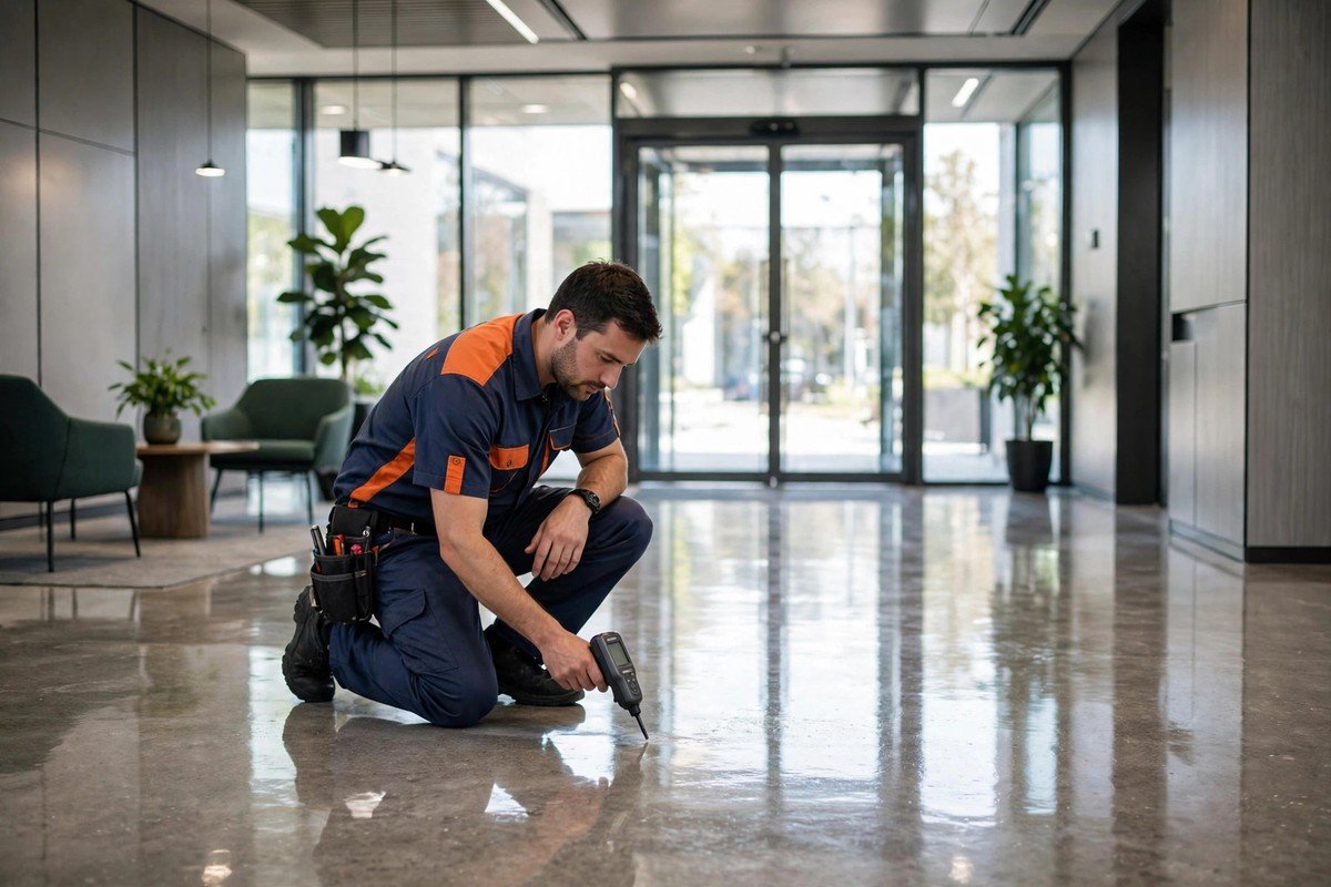Commercial building lobby floor where our technicians check for slab leak signs