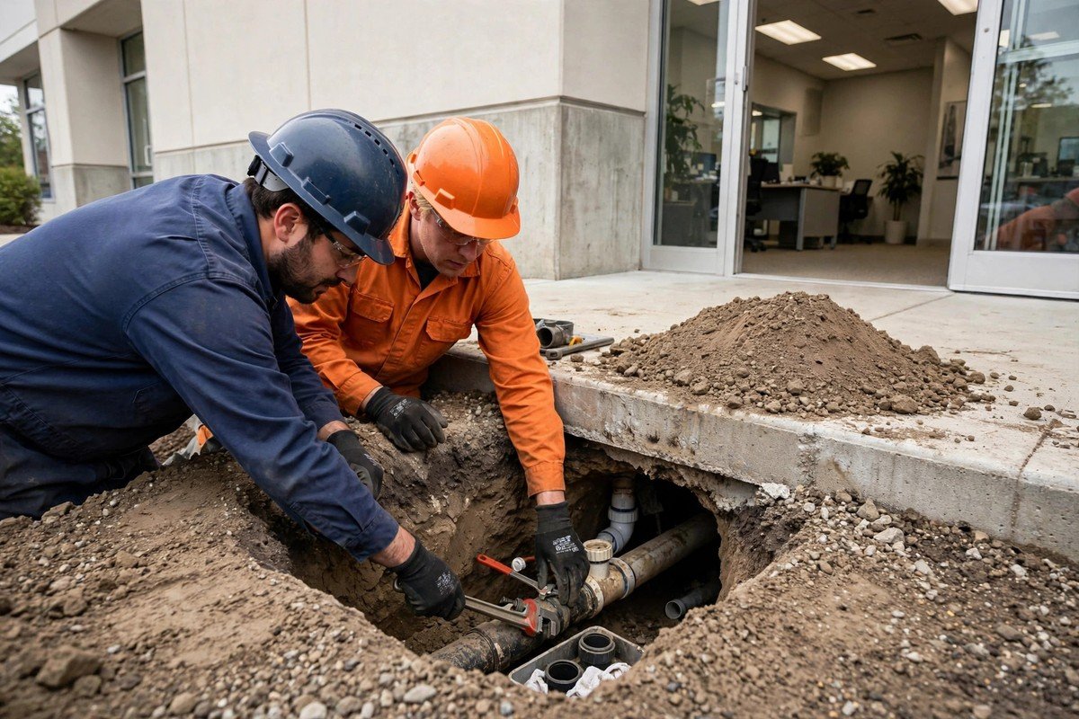 Our technicians using tunneling to repair a commercial slab leak with less indoor mess