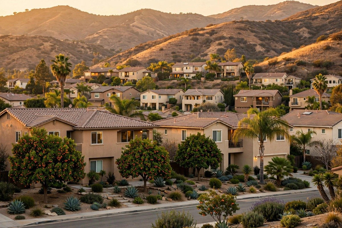 Skyline and neighborhoods of Corona, California