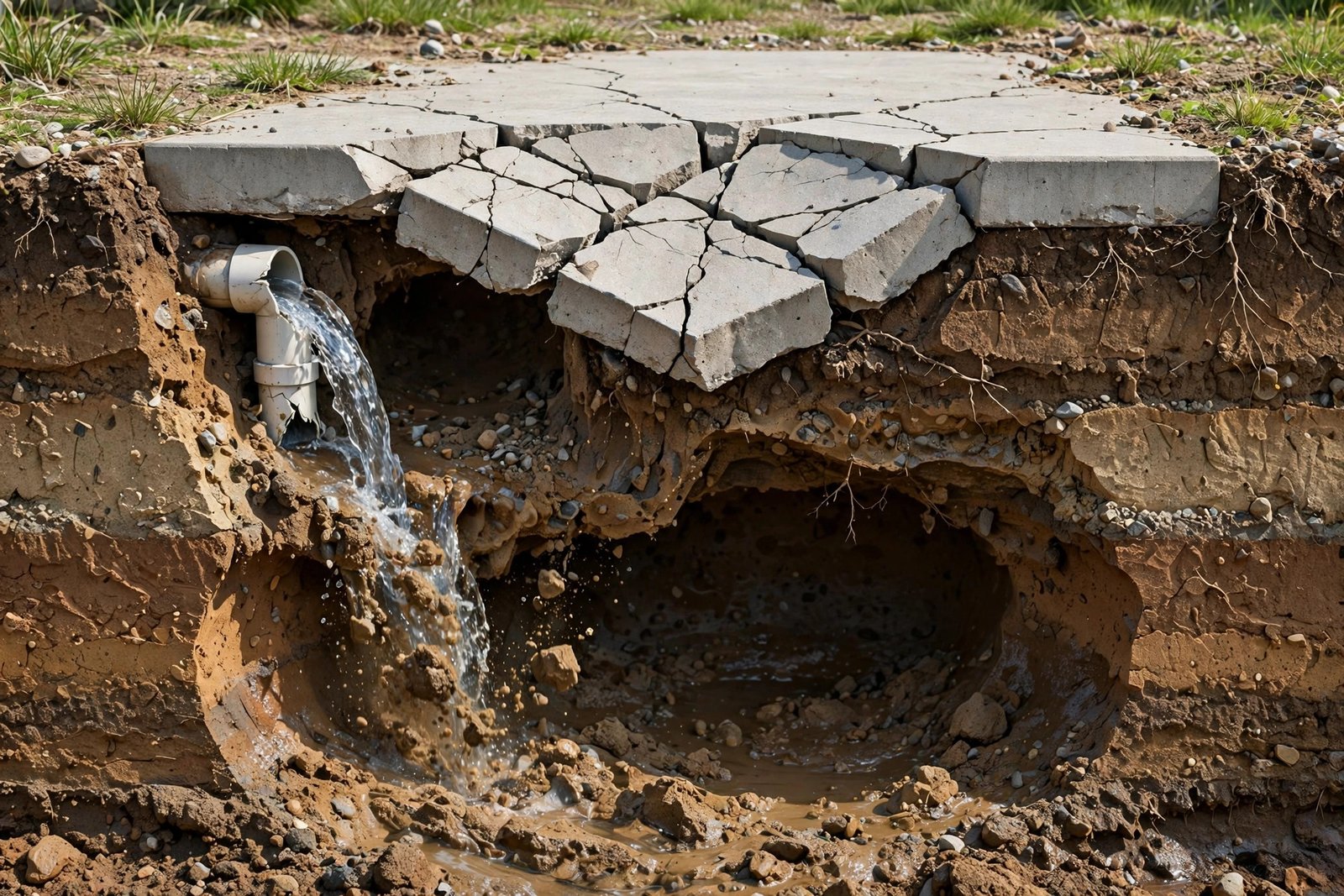 Cutaway diagram of slab leak foundation cracks forming as a void opens under the slab
