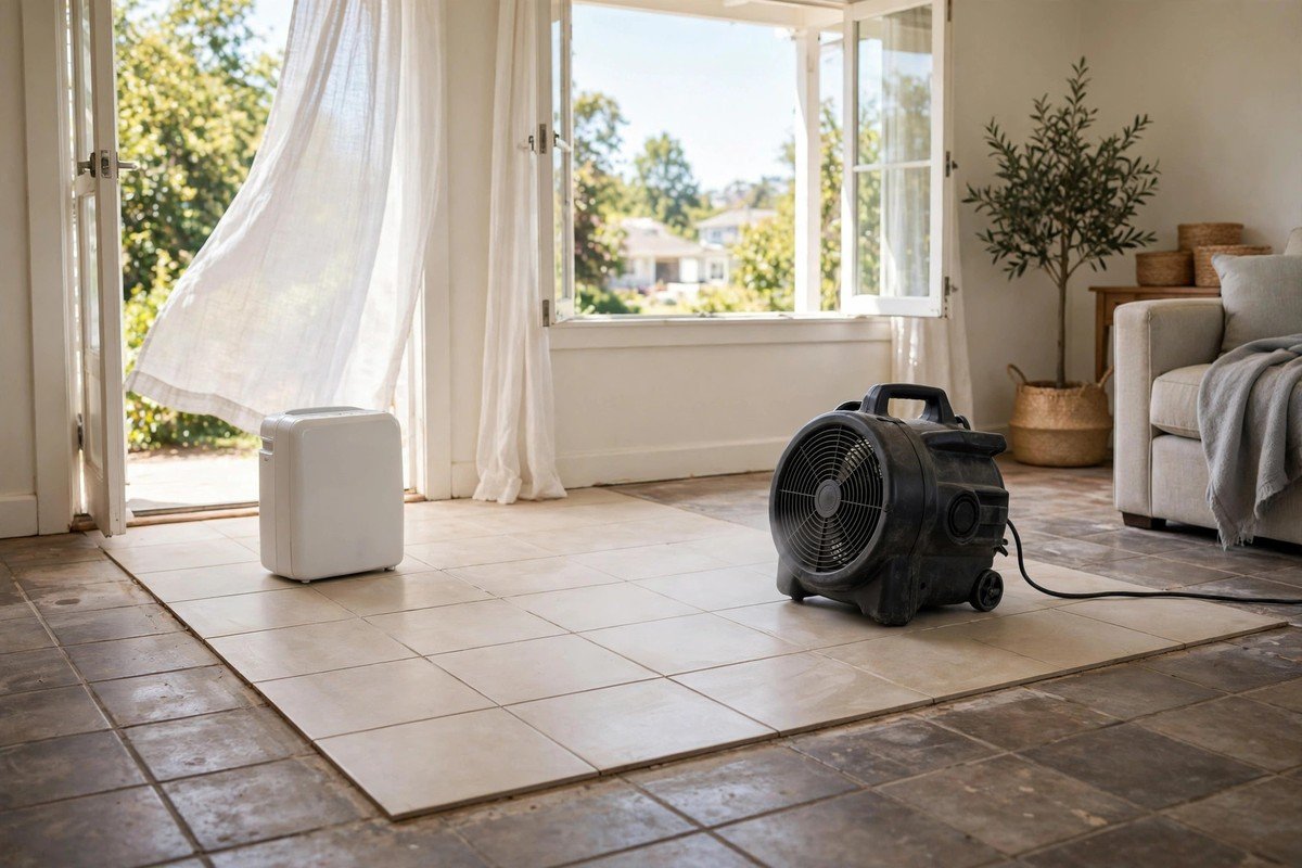 Drying a floor area after slab leak repair with good airflow