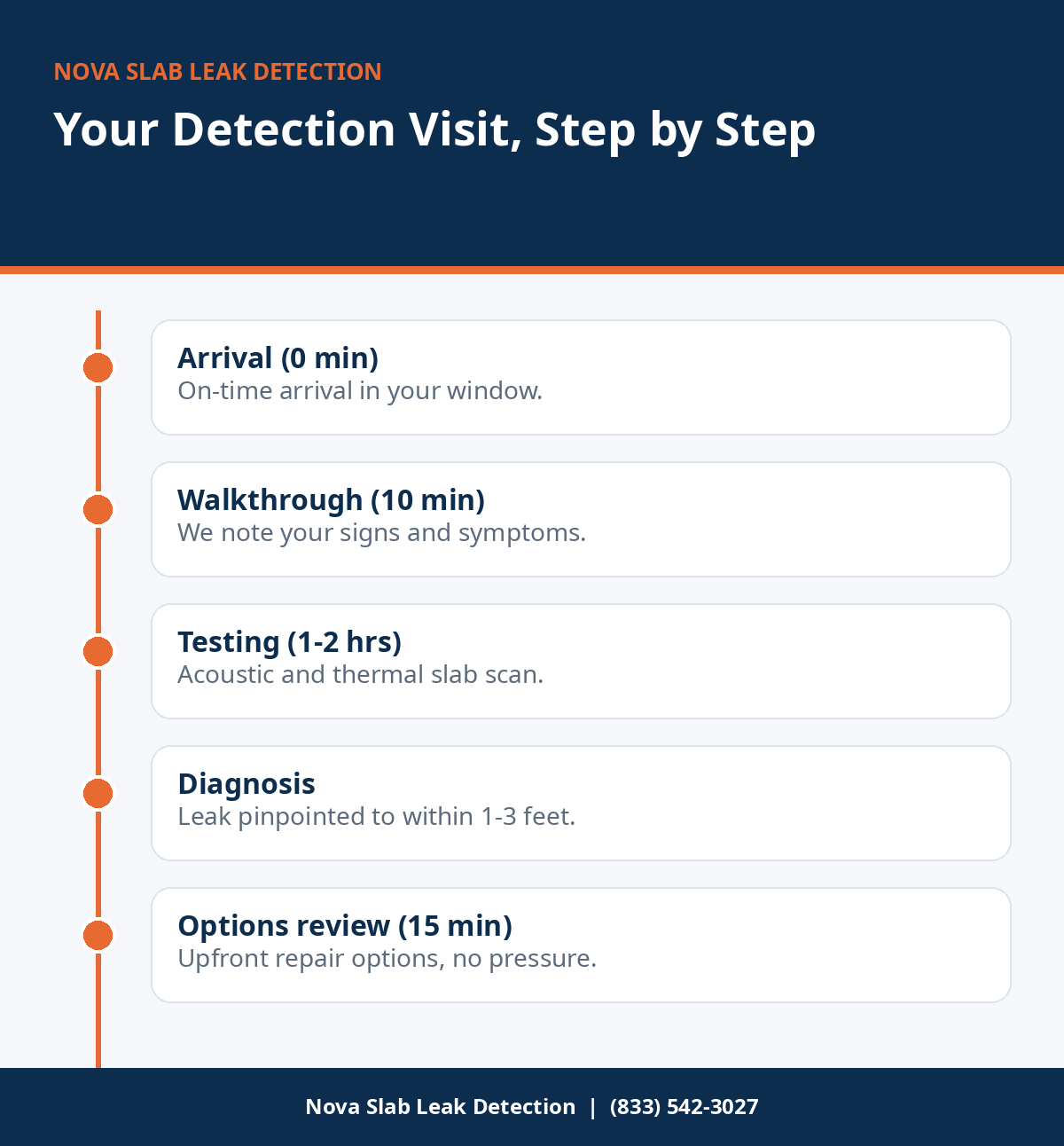 Infographic timeline of what happens during a leak detection visit from arrival to options review