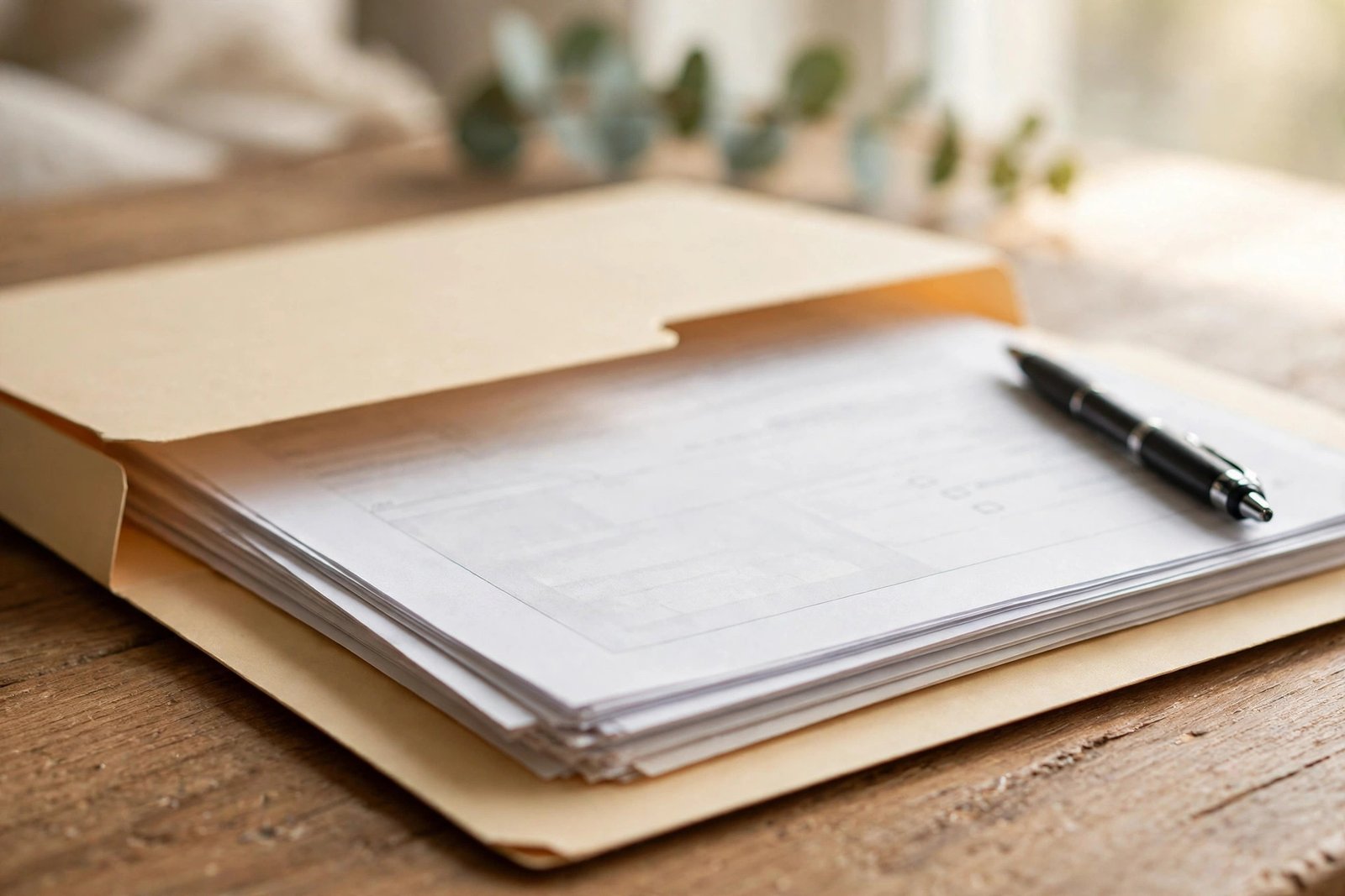 Real estate closing folder with escrow documents and a pen on a desk
