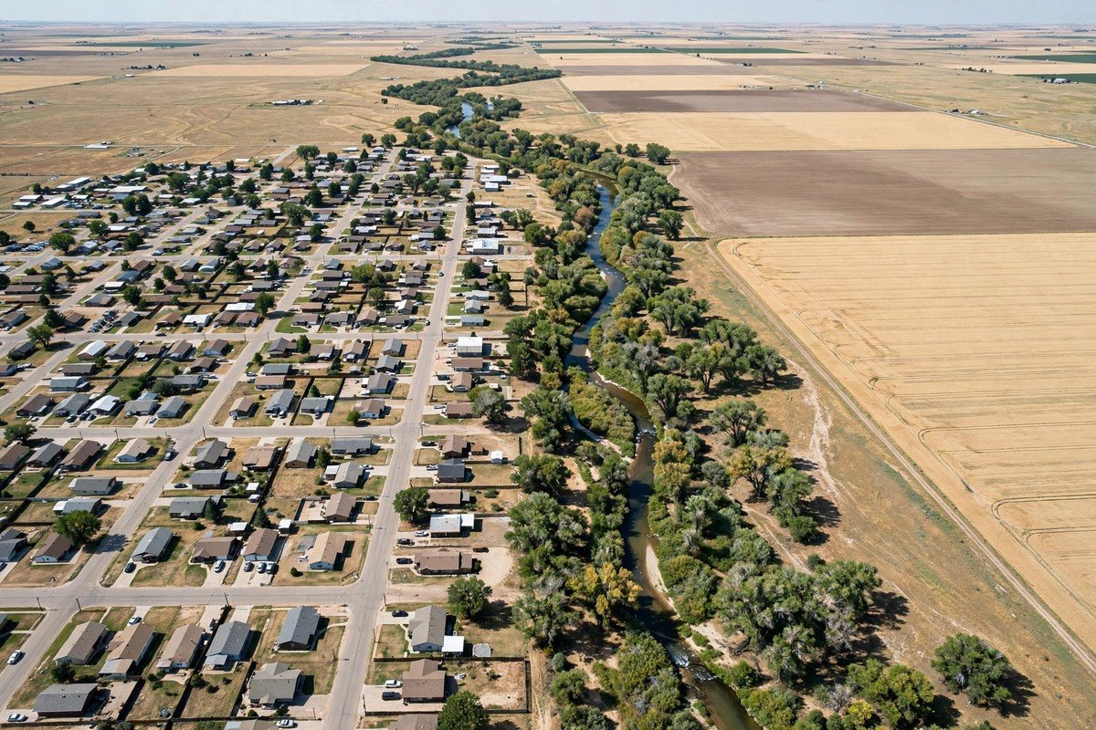 Skyline and neighborhoods of Evans, Colorado