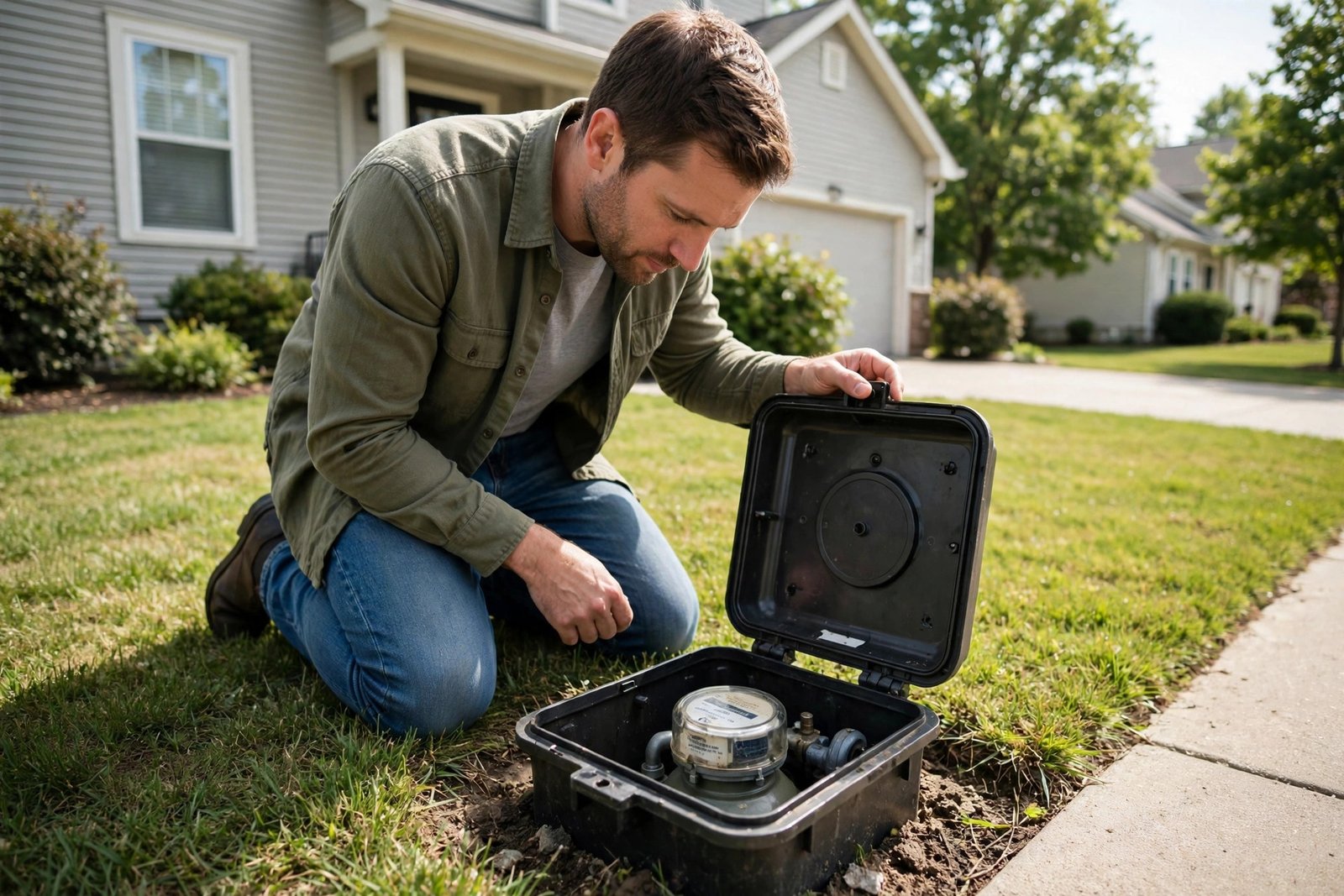 Homeowner reading a water meter during a slab leak meter test