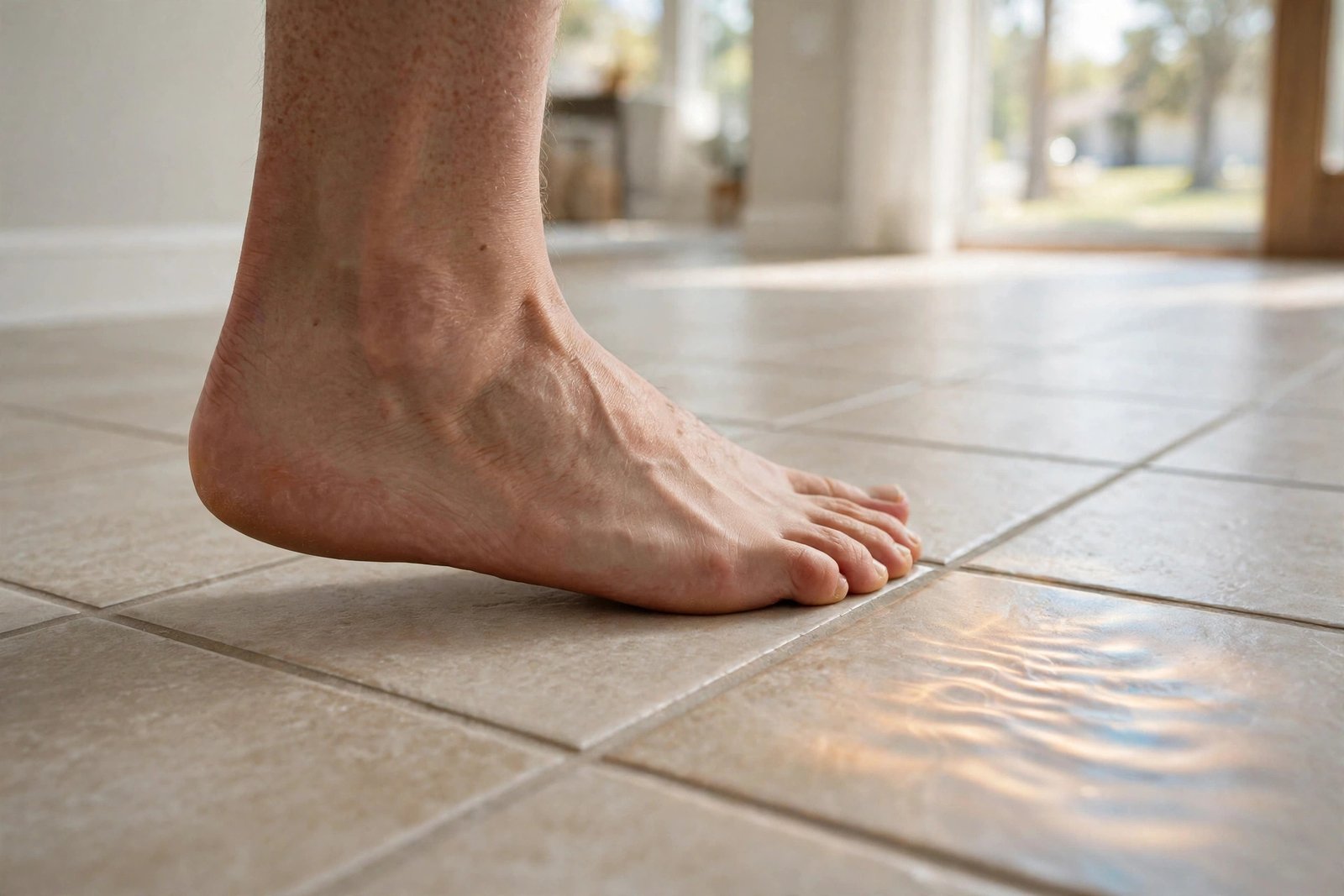 Warm spot on a tile floor hinting at a hot-water slab leak below