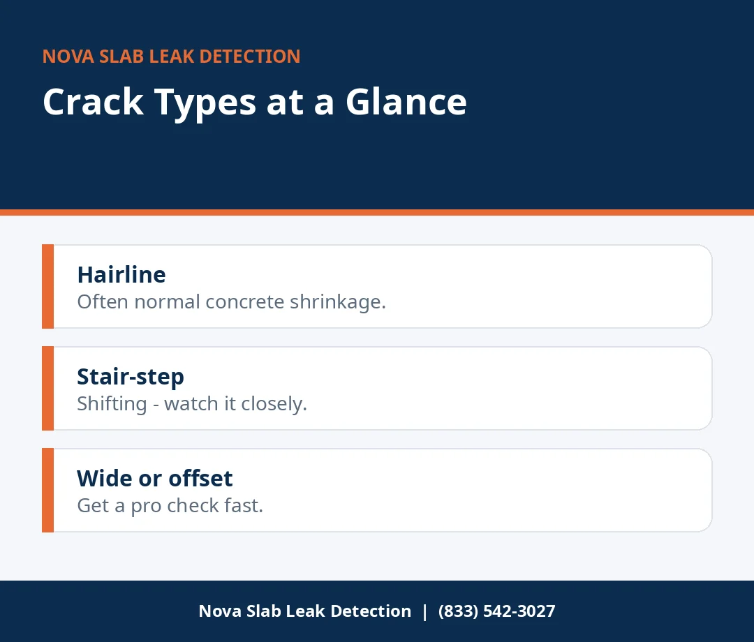 Infographic comparing hairline, stair-step and wide foundation crack types
