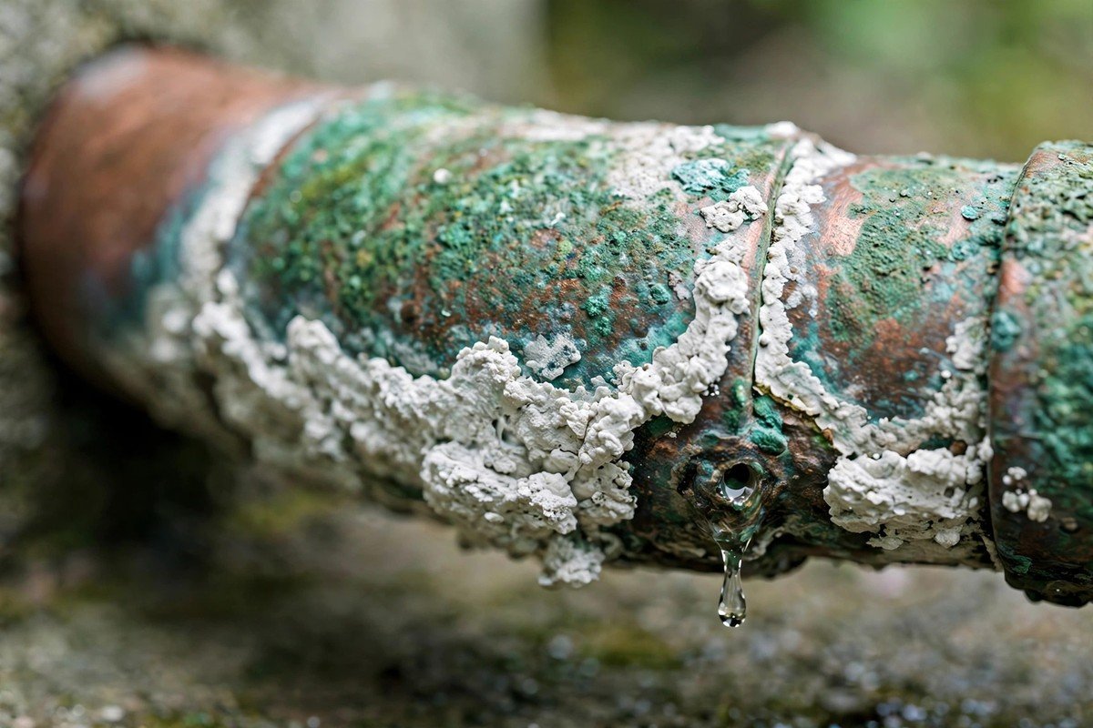 Corroded copper pipe with mineral buildup that causes year-round hard water slab leaks