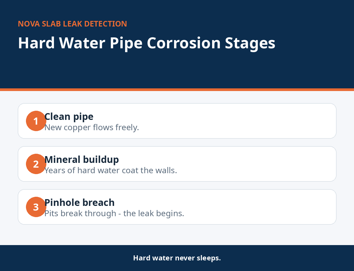Stages of hard water corrosion inside a copper pipe leading to a pinhole leak