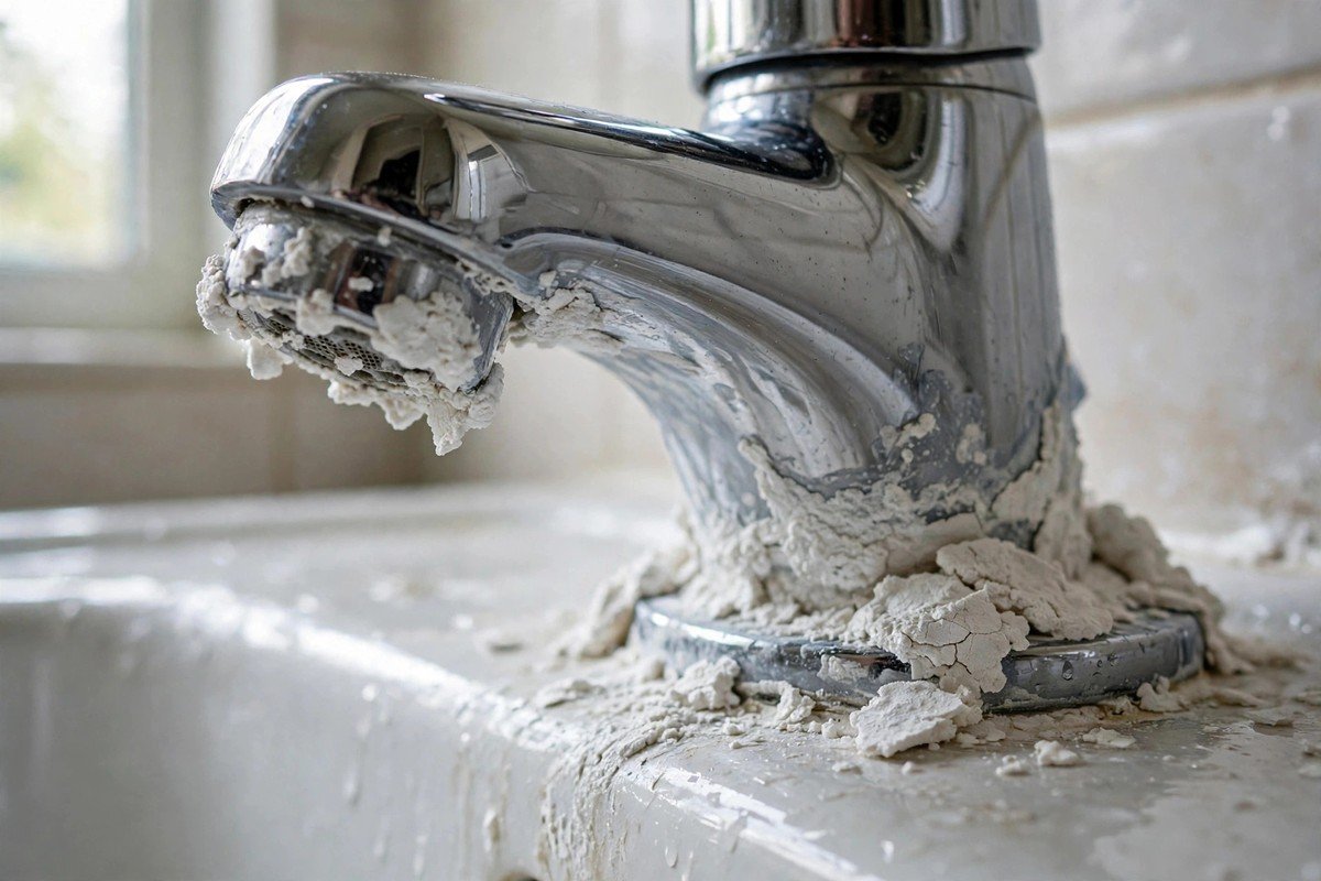 White mineral scale on a faucet, a visible sign of hard water in the home