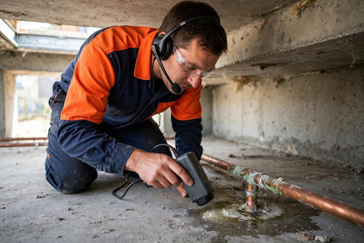 Our technician tracing a pinhole leak caused by hard water under a slab