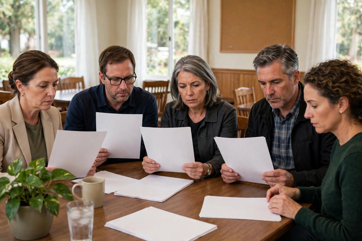HOA board members reviewing our written slab leak report before voting