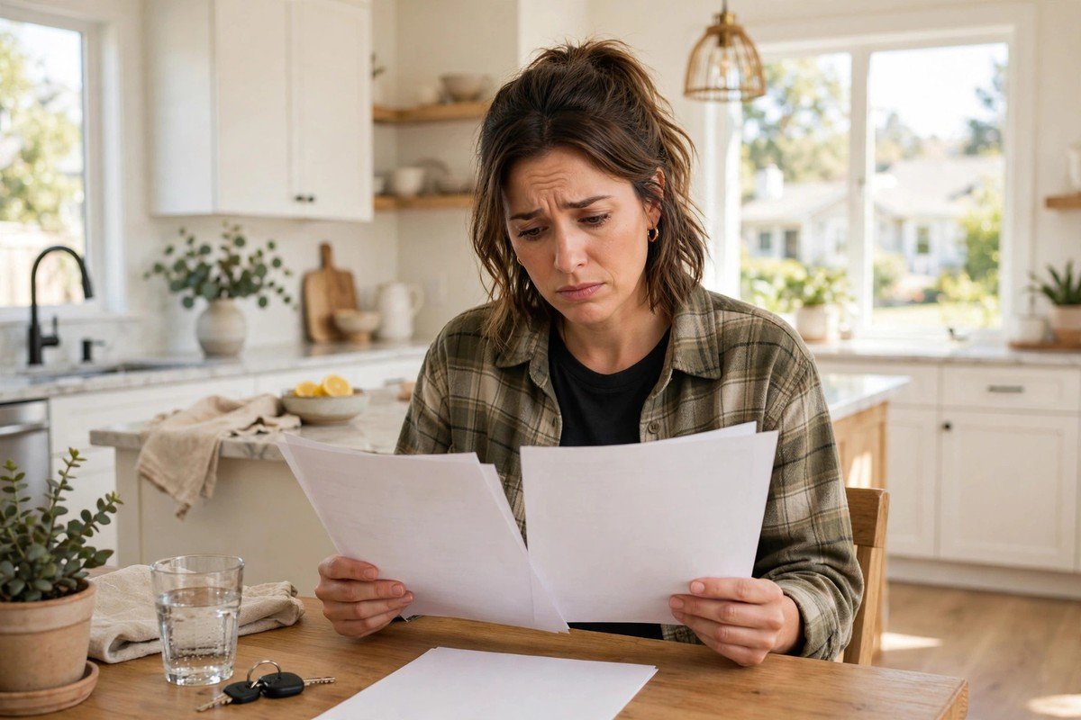 Home buyer reading an inspection report that mentions a possible slab leak