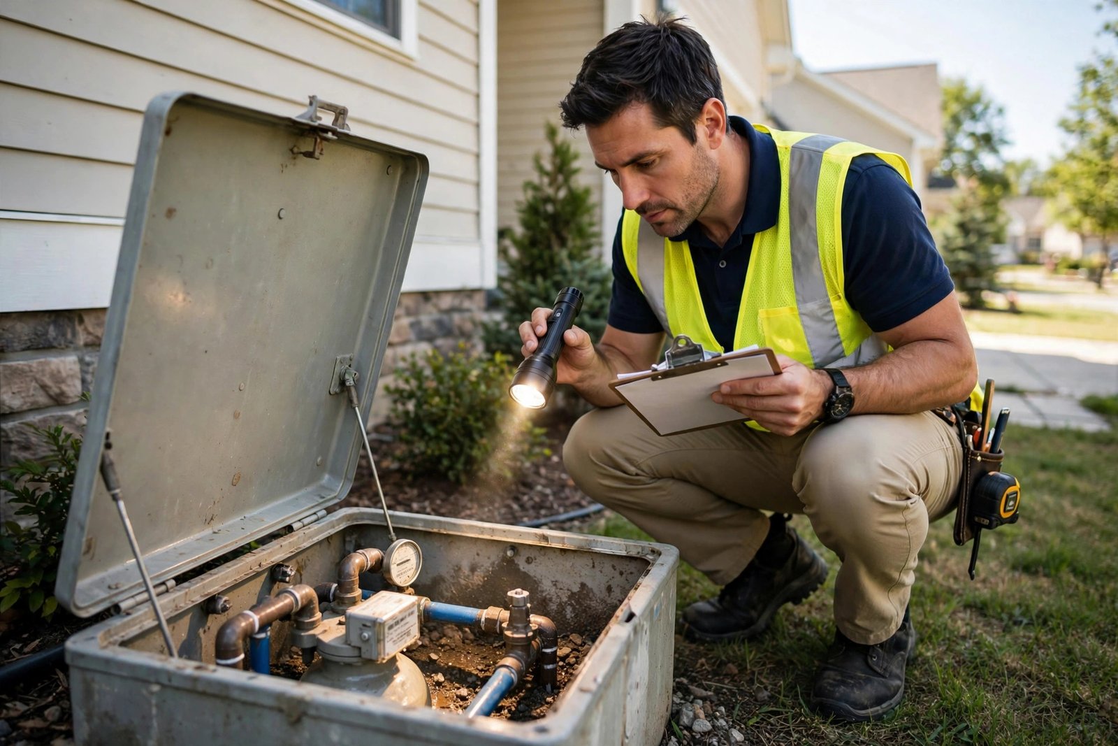 Home inspector at a water meter — home inspection slab leaks often go undetected at this step