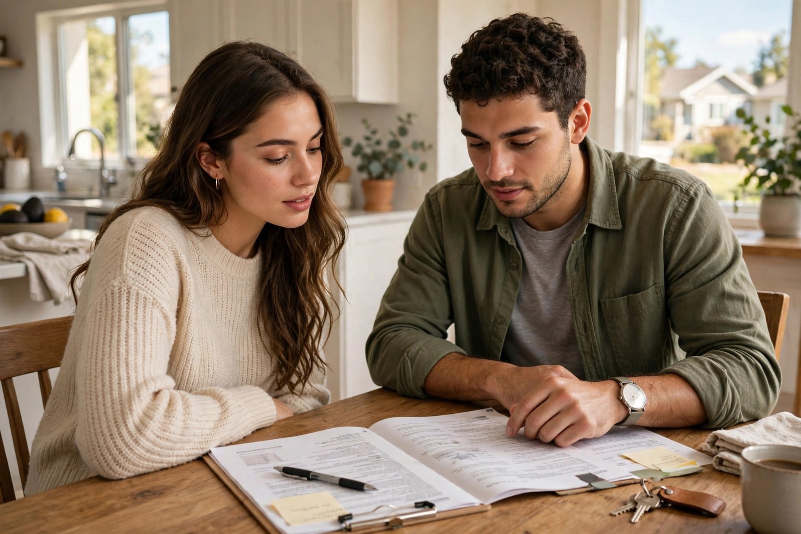 Homebuyer reviewing a written slab leak detection report before closing on a house