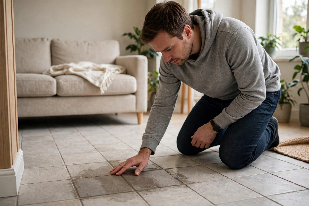 Homeowner checking floors for return signs after slab leak repair