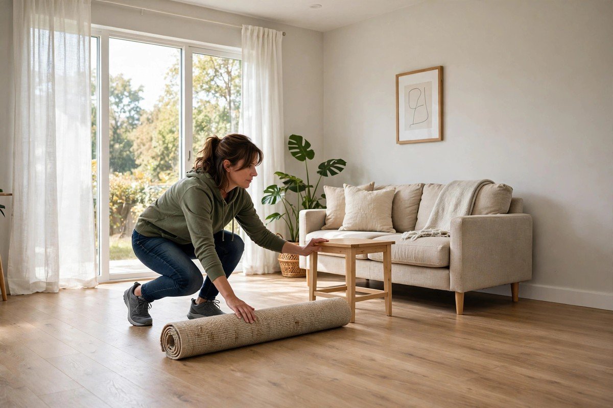Homeowner clearing floor access before a slab leak detection visit
