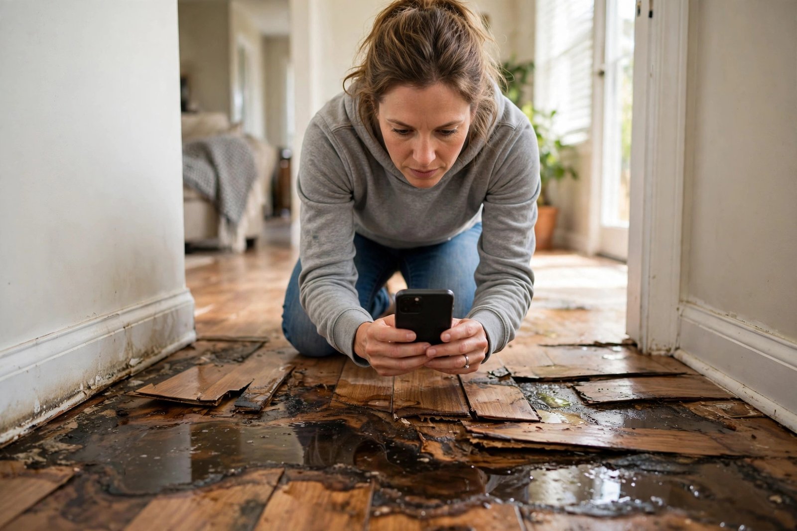 Homeowner photographing floor water damage before filing a slab leak insurance claim