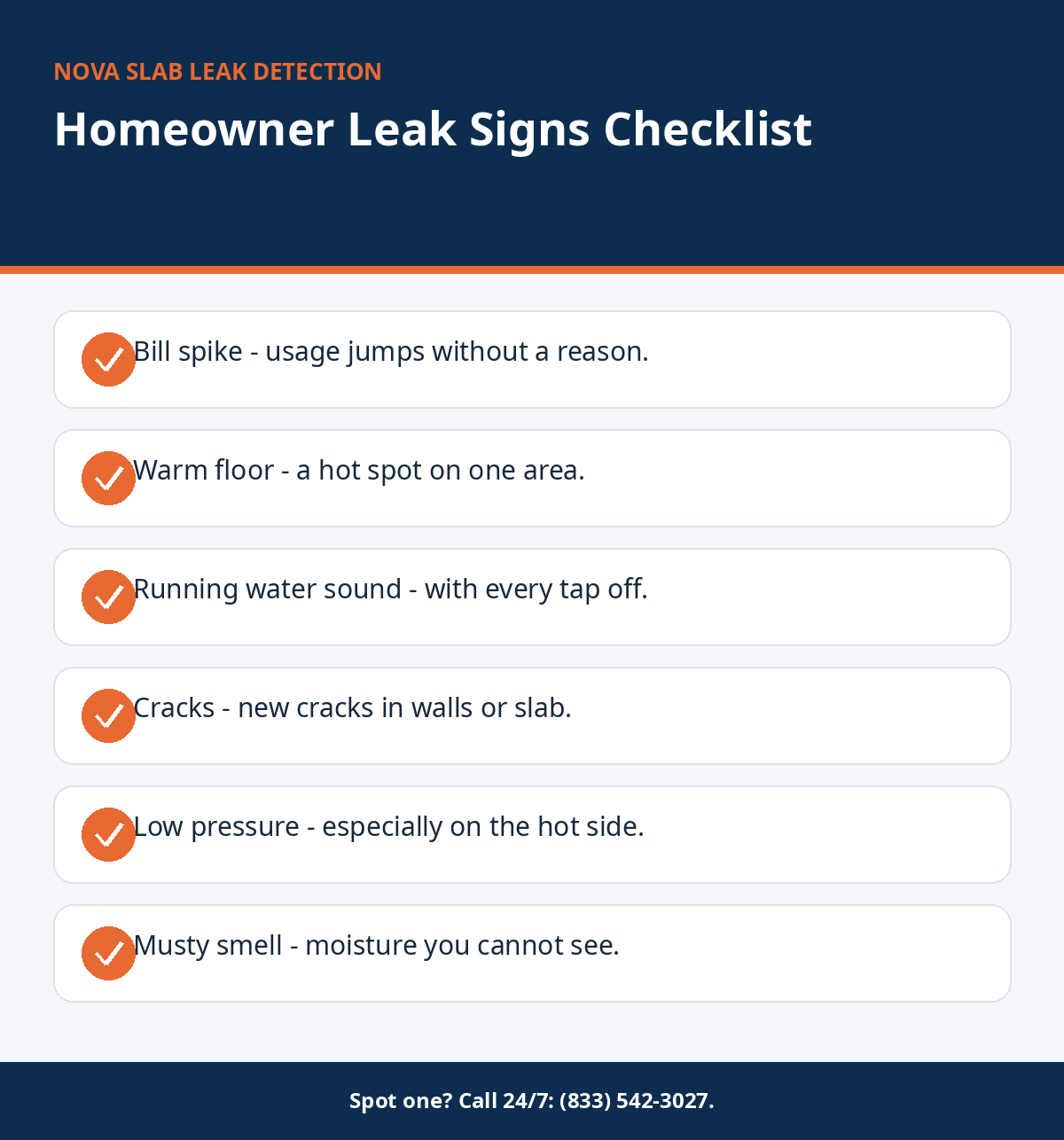 Checklist of the six most common slab leak signs homeowners notice