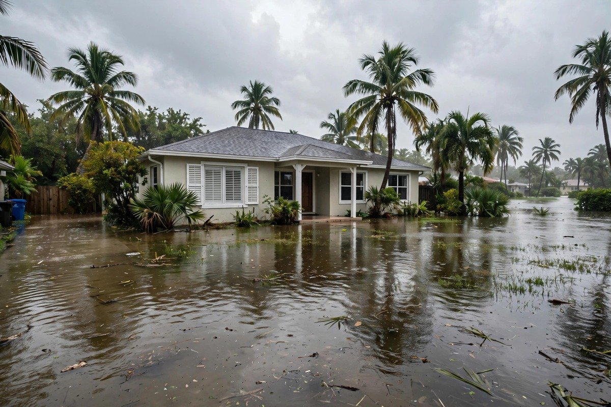 Flooded yard around a Florida home where storm water can hide slab leak signs