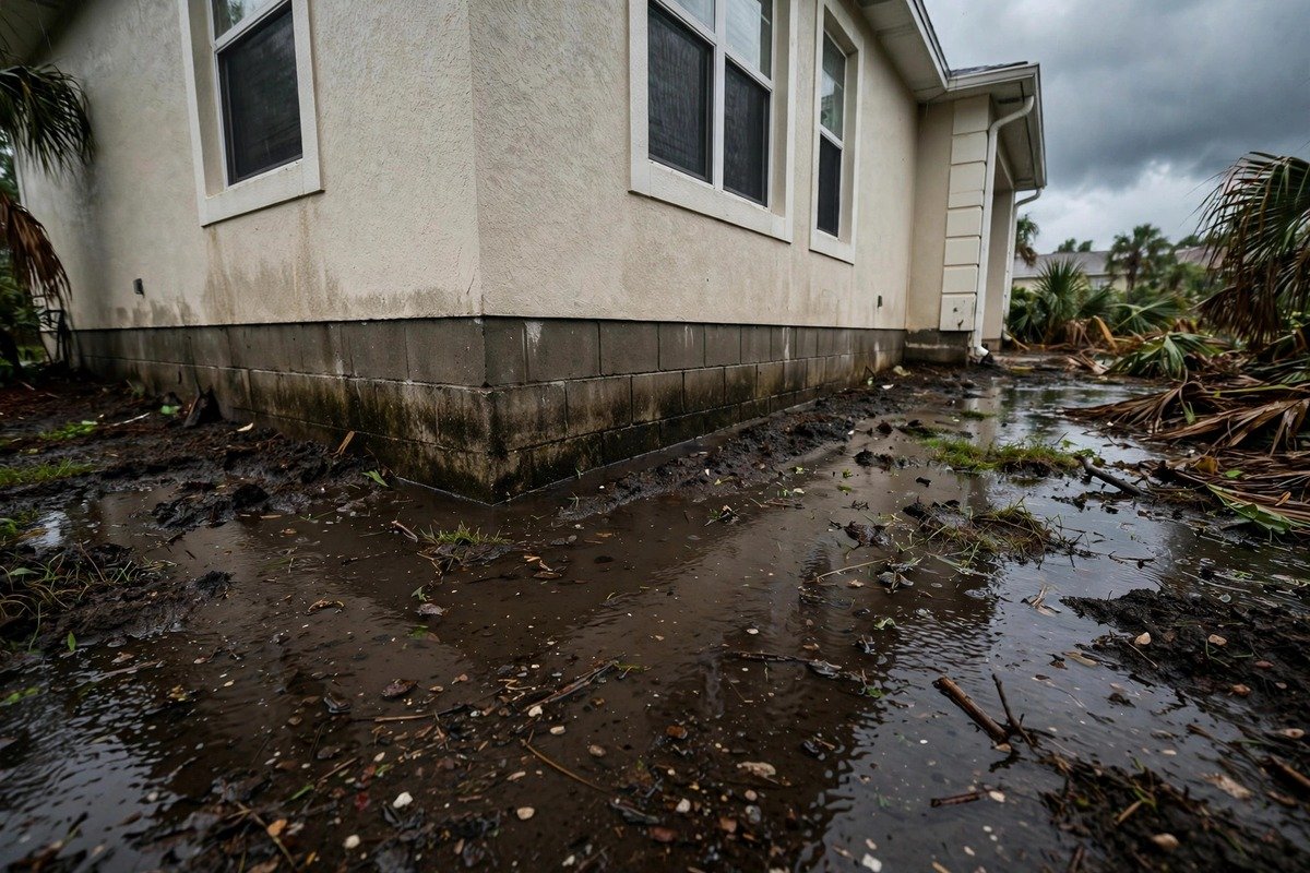 Waterlogged soil pressing against a home foundation during hurricane season
