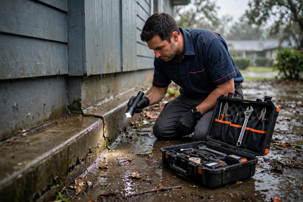 Our technician checking a home for leaks after hurricane season storms