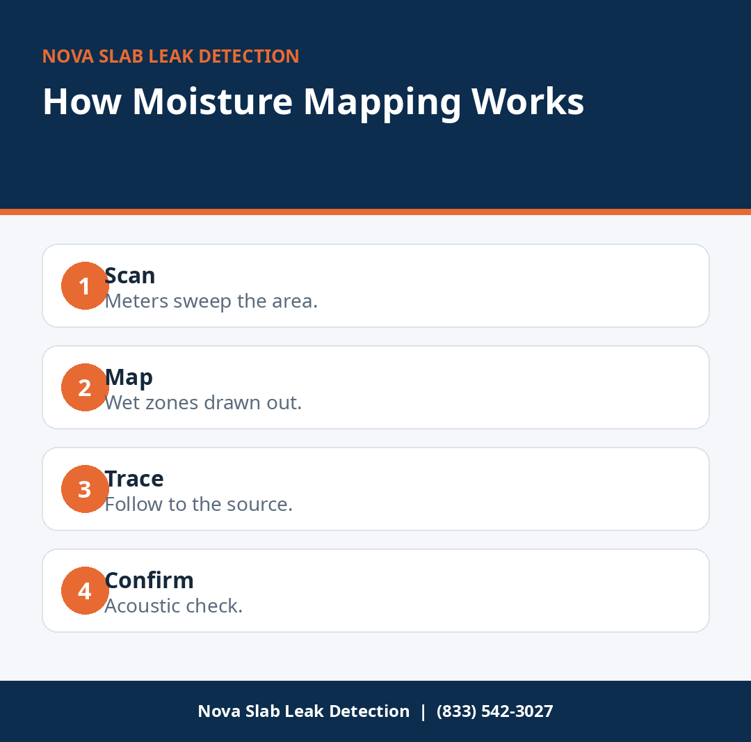 How moisture mapping tracks hidden slab leak water