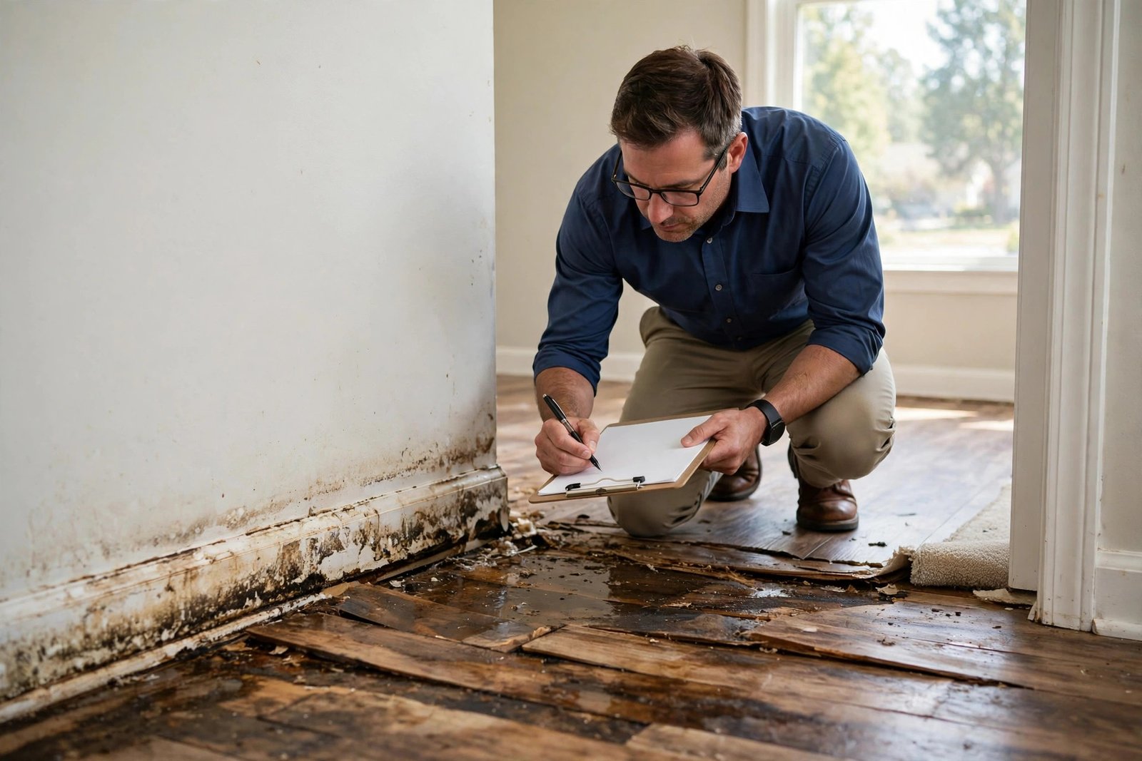Insurance adjuster inspecting slab leak water damage during a claim visit