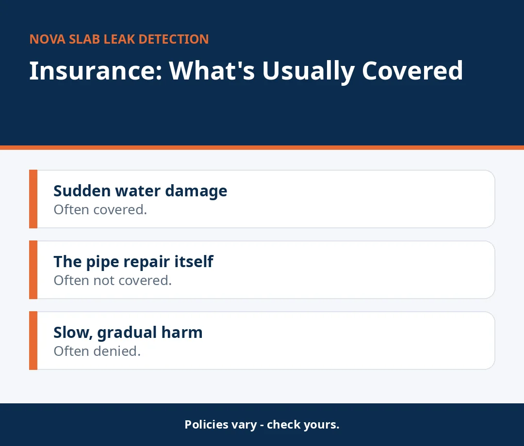 Chart showing what home insurance usually covers for a slab leak