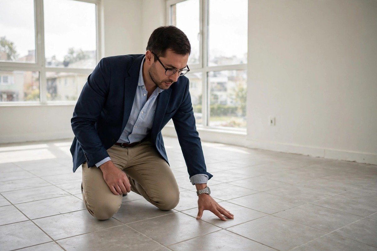 Landlord checking a rental unit floor for warm spots that signal a slab leak