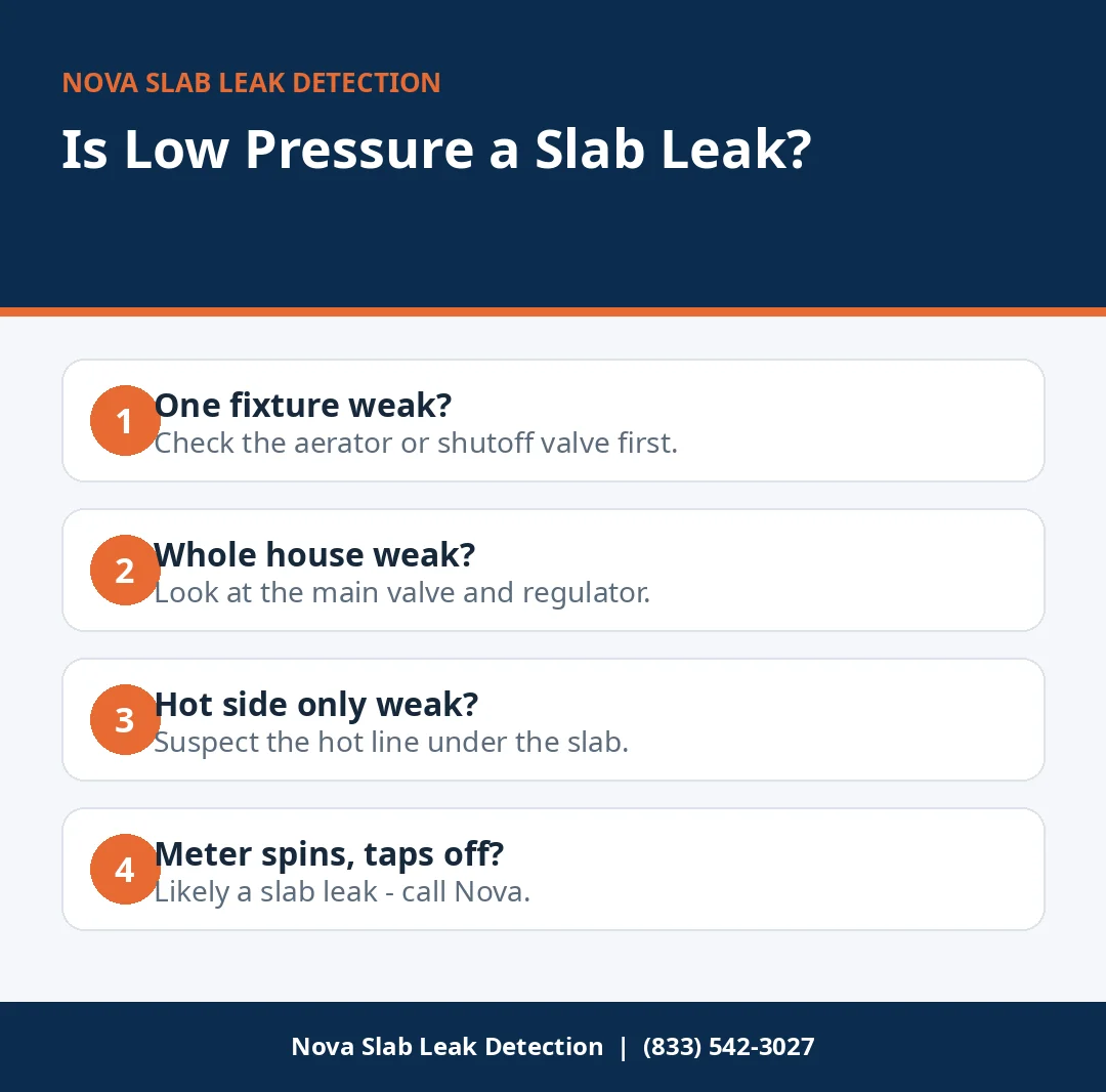 Flowchart for deciding whether low water pressure is a slab leak