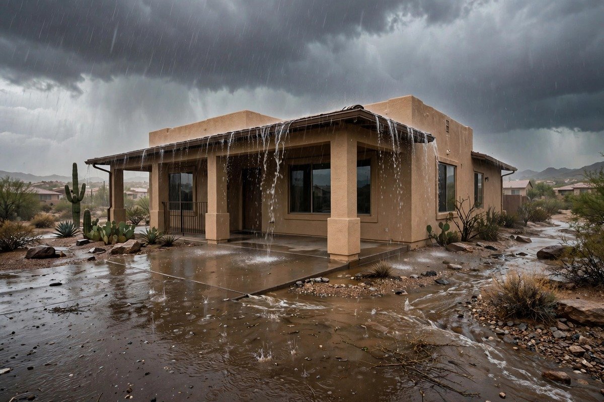 Heavy monsoon rain falling on a desert home with water pooling at the foundation