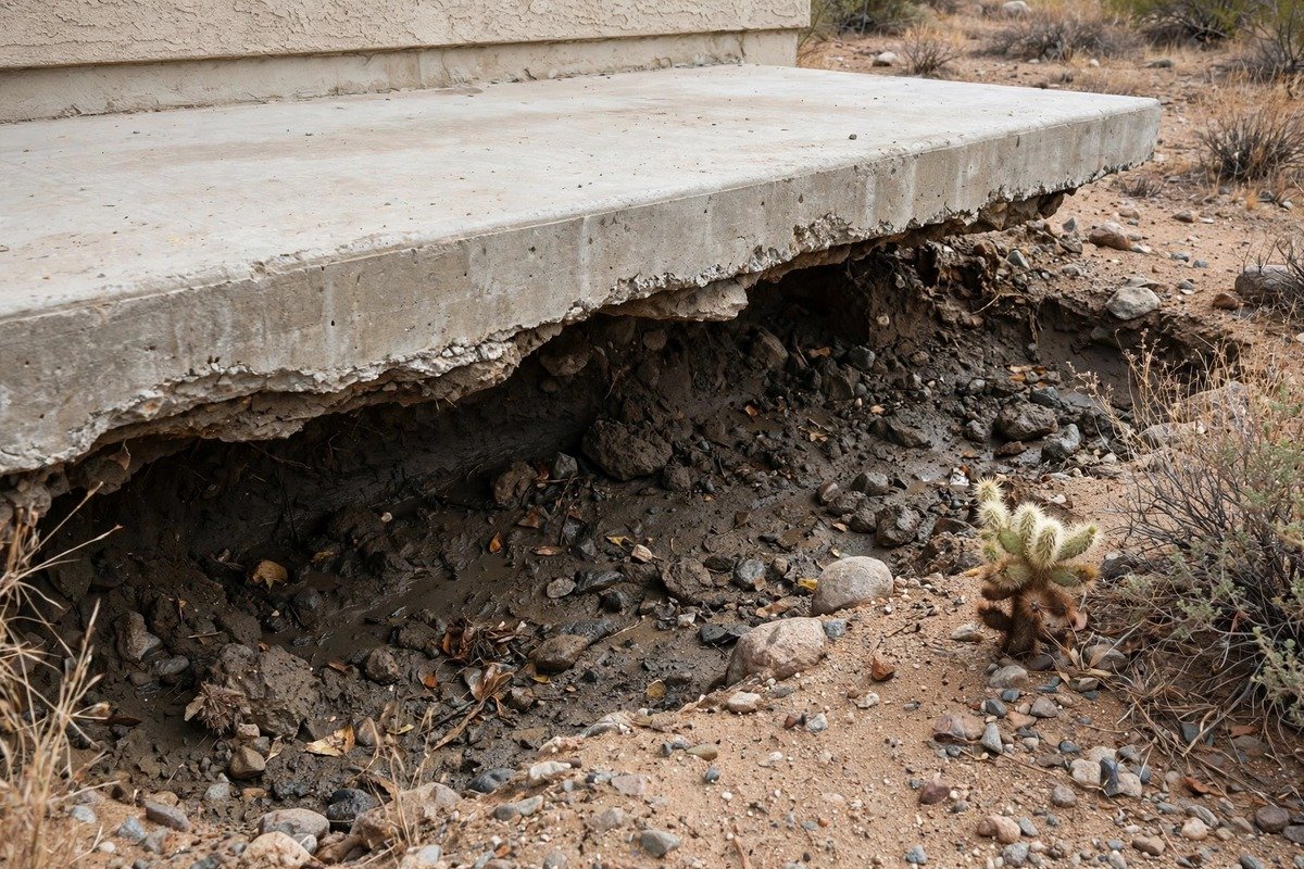 Soil washed away from under a slab edge after a monsoon flash flood