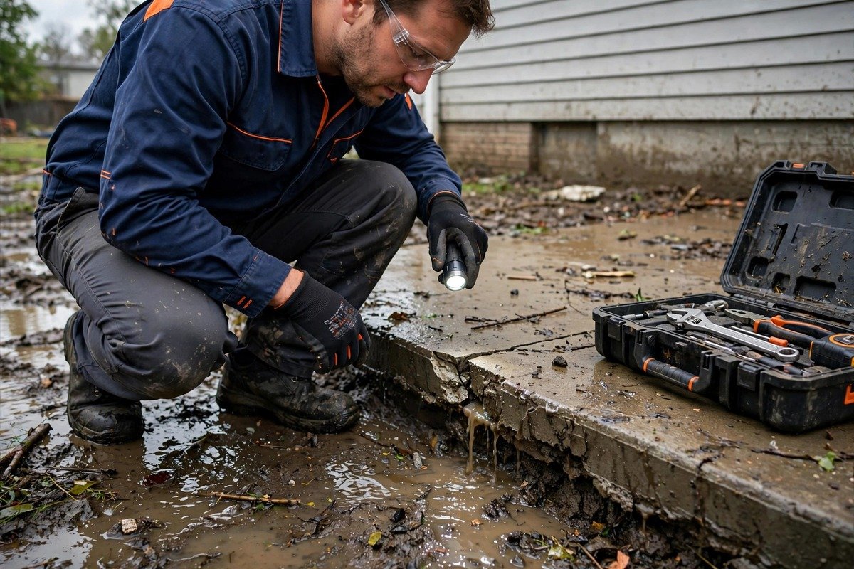 Our technician inspecting a home for a monsoon slab leak after flash flooding