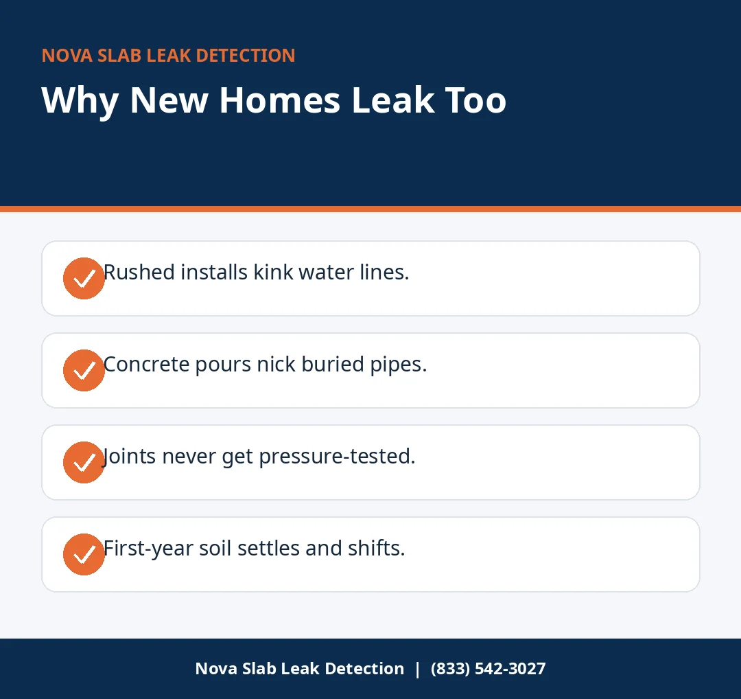 Infographic listing why new construction homes get slab leaks