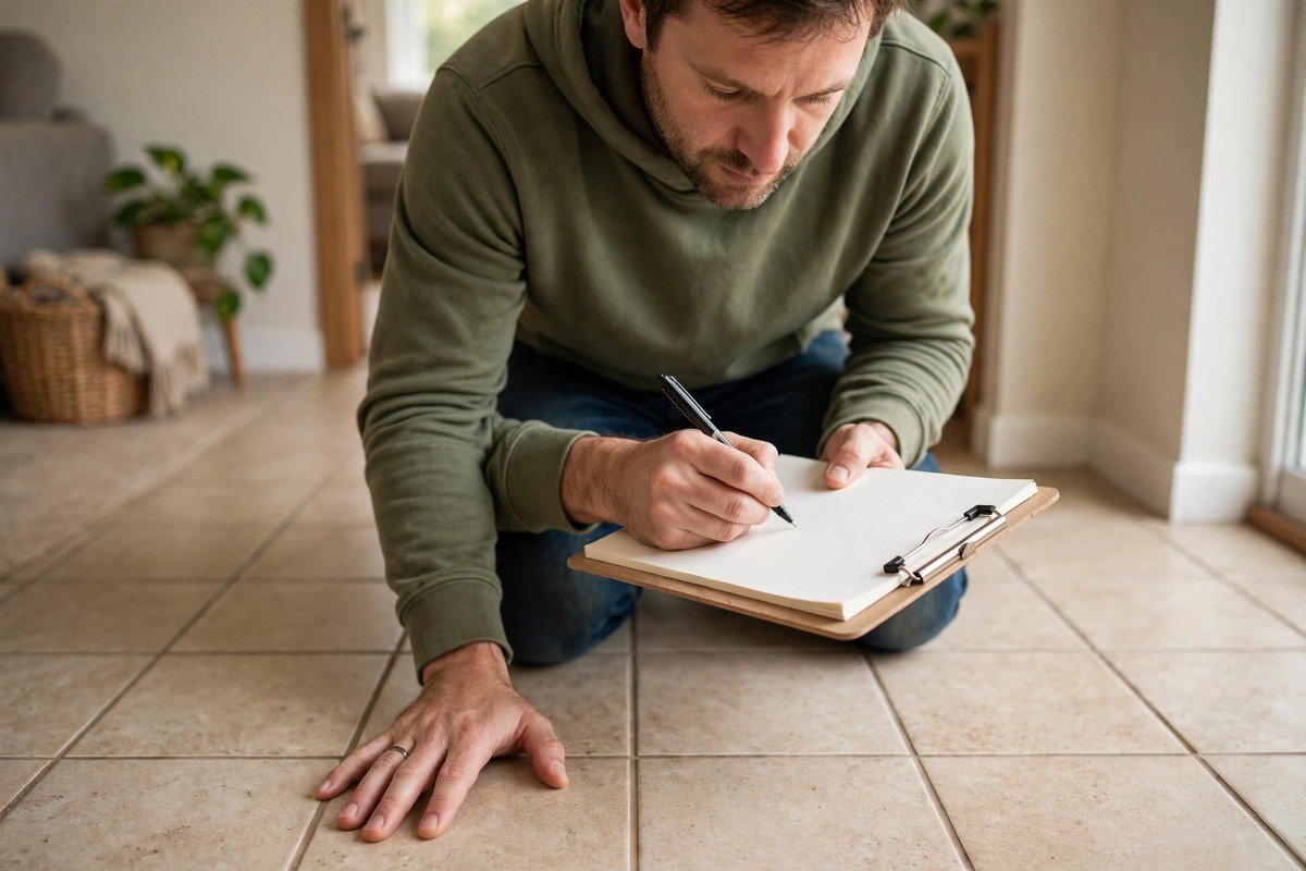 Homeowner noting slab leak symptoms like warm floors and high water bills before a visit