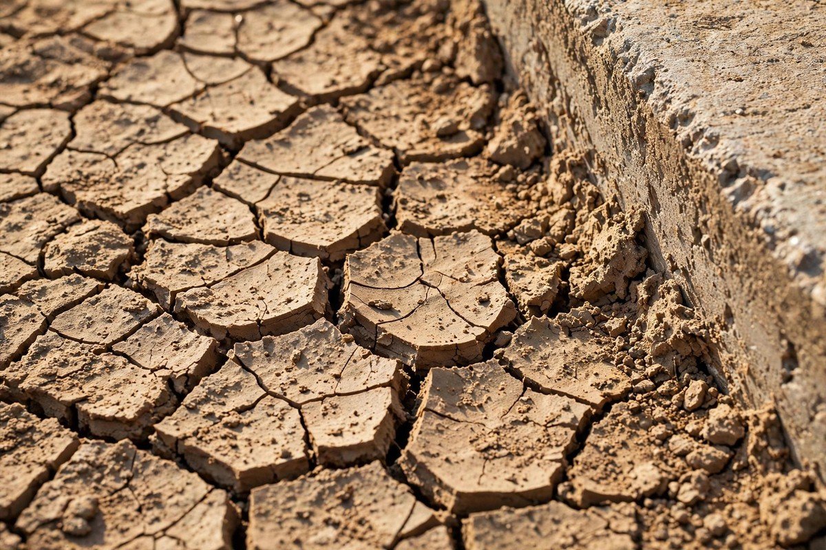 Dry cracked clay soil that expands when wet under a home