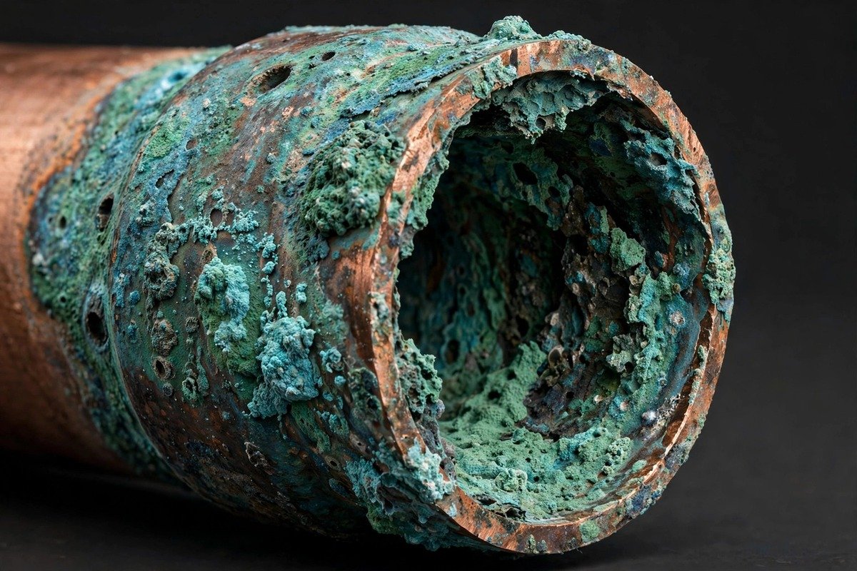 Corroded copper pipe section damaged by microbial activity
