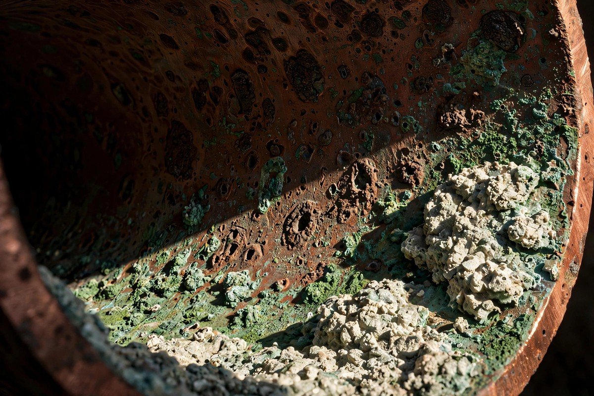 Inside of a corroded pipe showing mineral buildup and pitting