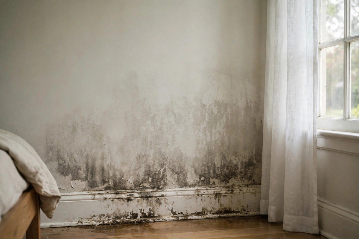 Damp wall in a bedroom caused by hidden moisture from a slab leak