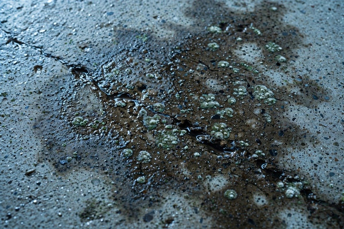 Damp concrete slab surface feeding hidden mold growth