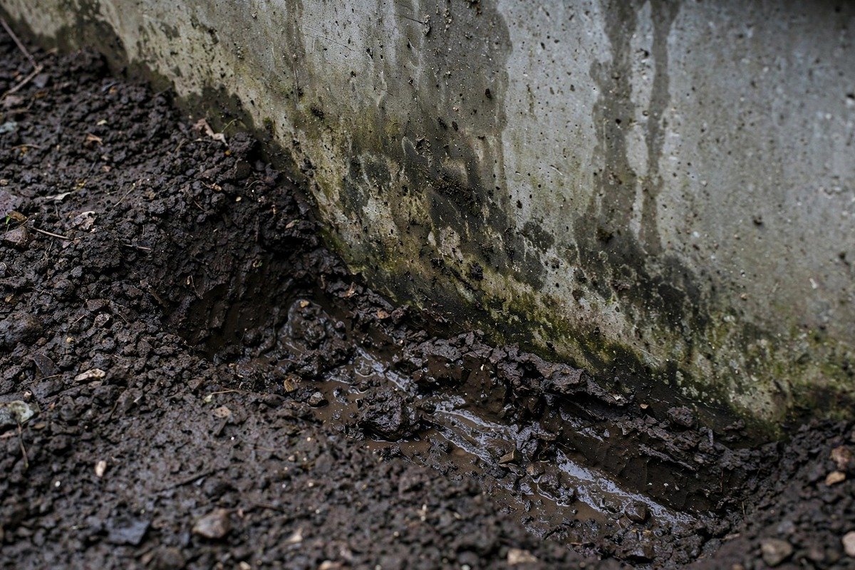 Damp soil against a home foundation from a slab leak