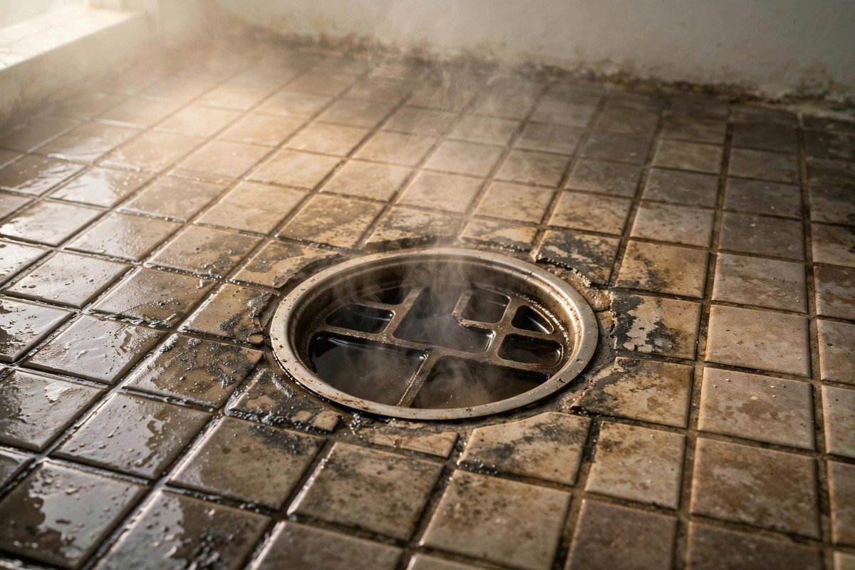 Floor area where sewer-like odors rise from stagnant water below