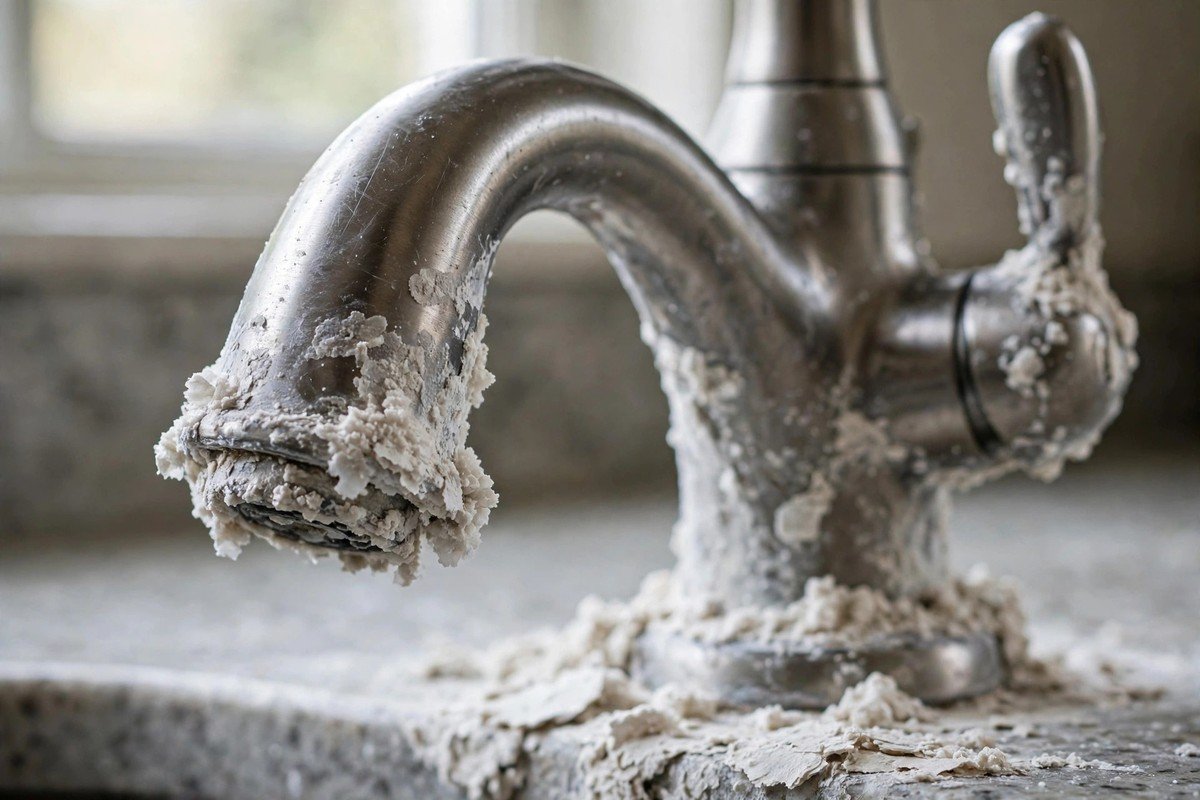 Hard water scale buildup on a faucet from mineral-rich water