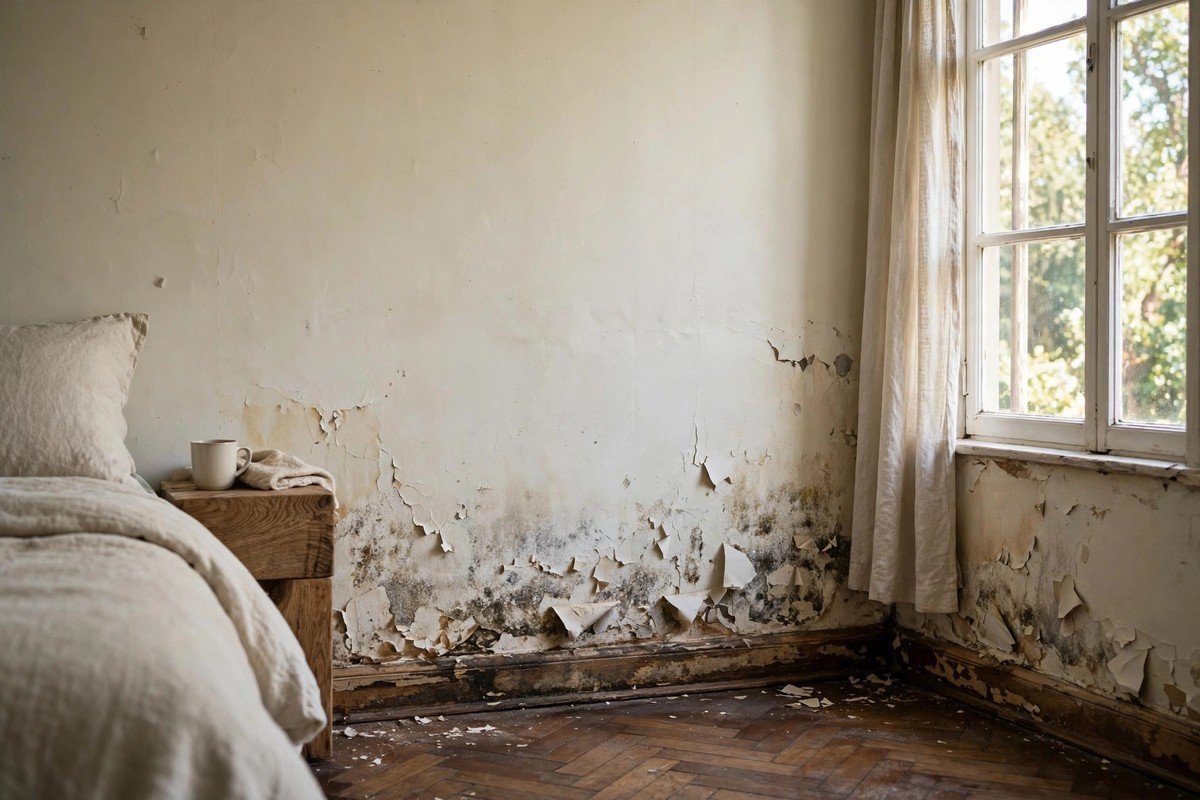 Damp interior wall caused by moisture rising from a slab leak