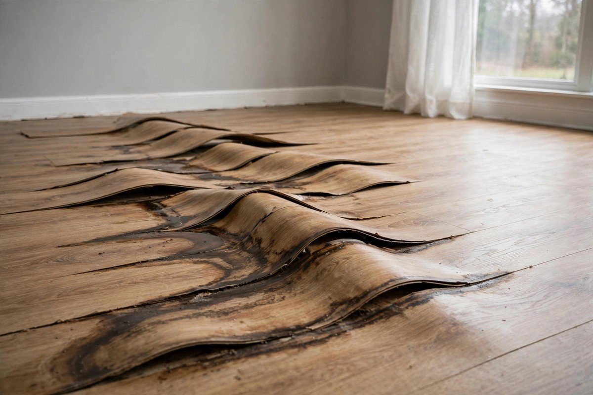 Flooring buckling from moisture caused by an undetected slab leak
