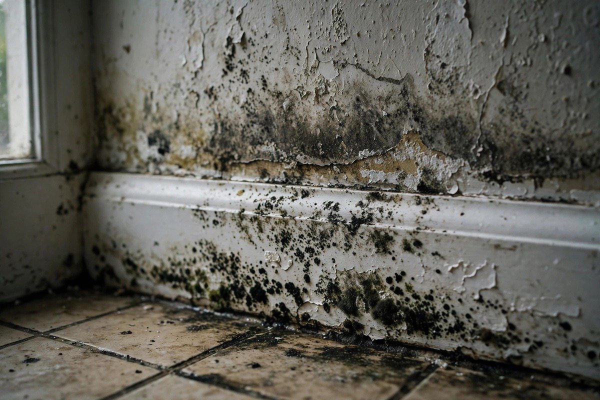 Mold growing along a baseboard from slab leak moisture